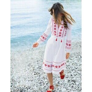 BODEN Marla Embroidered Boho Midi Dress White Red Pink Floral Sz 2R US 6R UK NWT